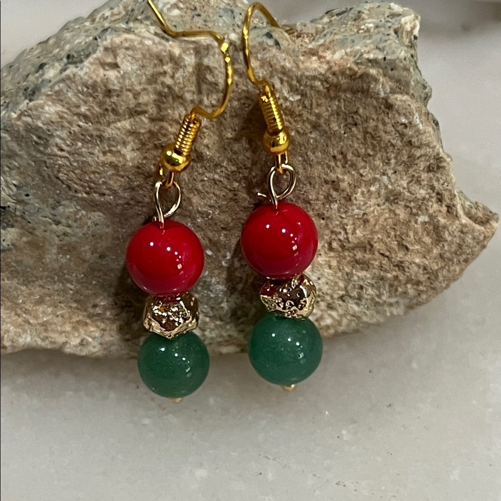 Elegant Red and Green Beaded Earrings